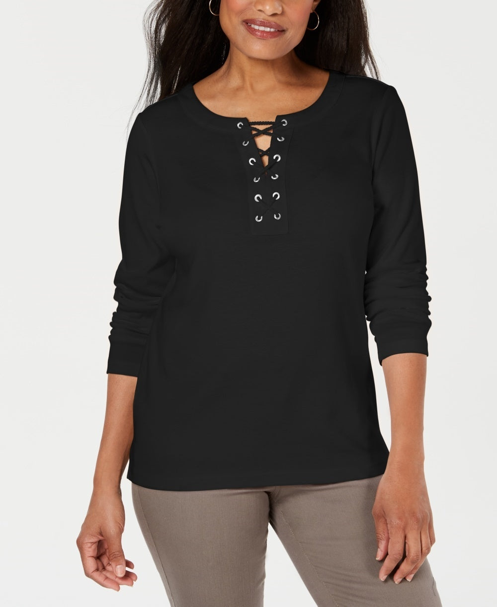 Karen Scott Women's Cotton Lace-Up Top Black Size X-Small