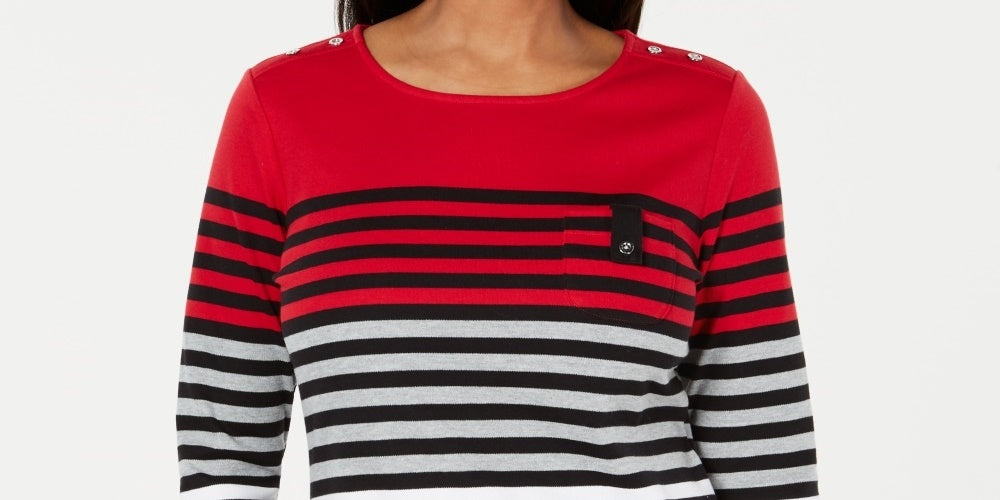 Karen Scott Women's Striped 3/4-Sleeve Top  Bright Red Size Small