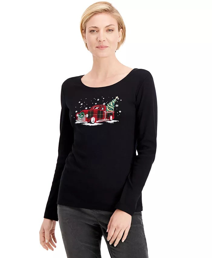 Karen Scott Women's Plaid Truck Cotton Top Black Size Small