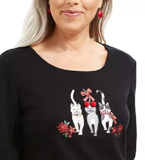 Karen Scott Women's Cotton Festive Catwalk Top Black Size Medium