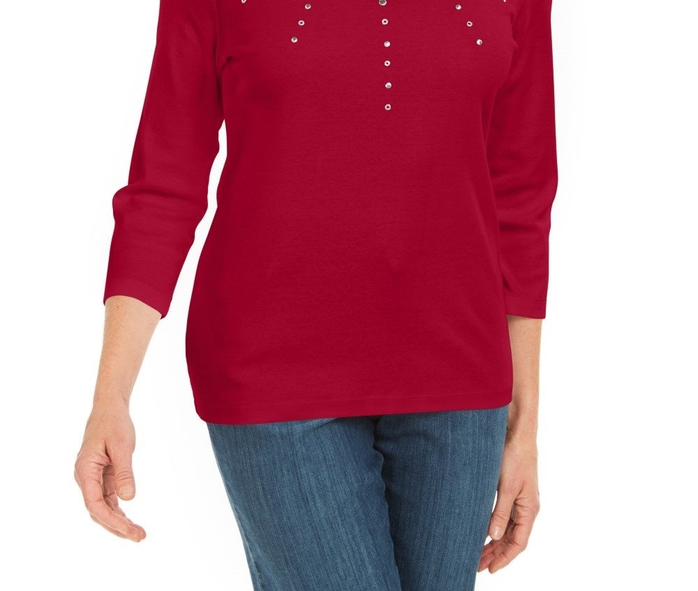 Karen Scott Women's Petite Cotton Grommet-Hardware Top Red Size PM