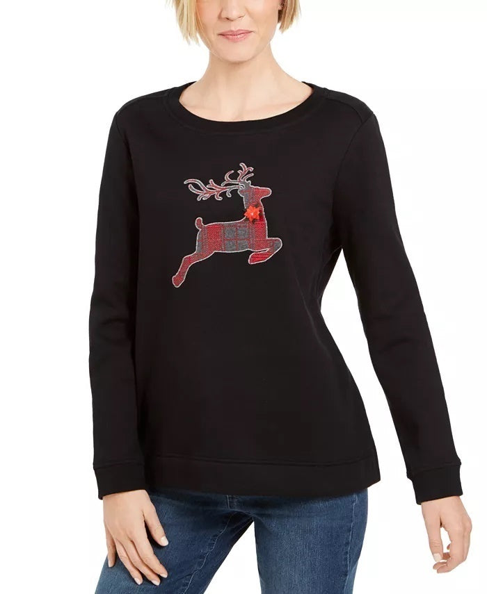 Karen Scott Women's Sport Plaid Reindeer Top Black Size X-Large