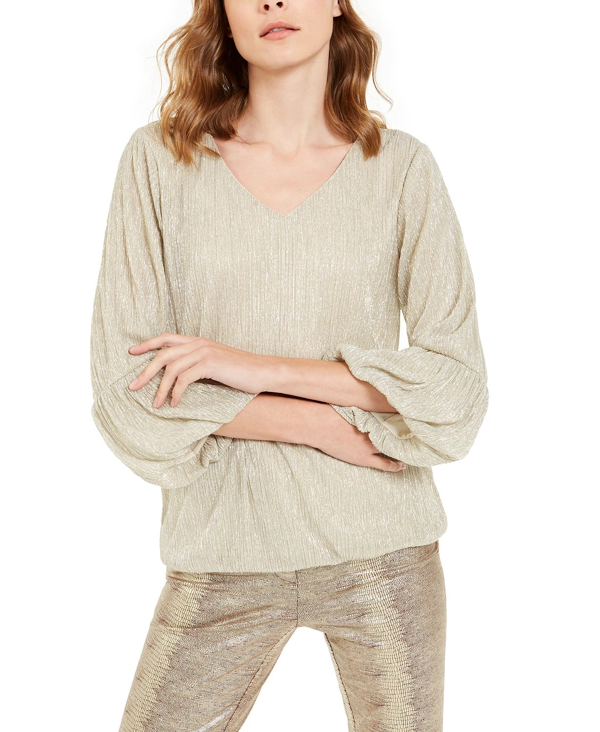 Alfani Women's Petite Metallic Bubble Top Yellow Size Petite Medium