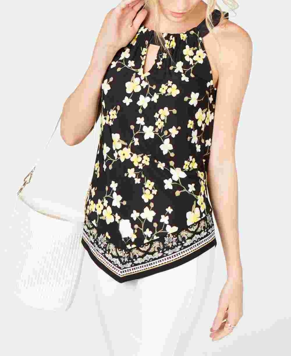 INC International Concepts Women's Printed Keyhole Halter Top Yellow Size Medium