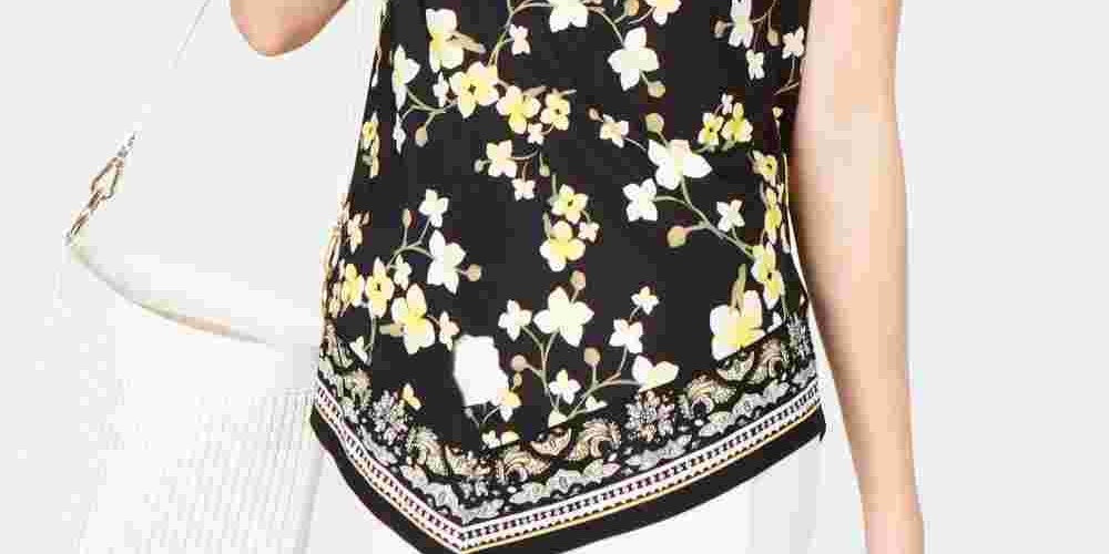 INC International Concepts Women's Printed Keyhole Halter Top Yellow Size Medium