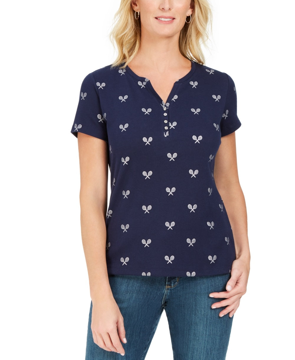 Karen Scott Women's Perfect Swing Metallic Embroidery Henley Top Navy Size Large