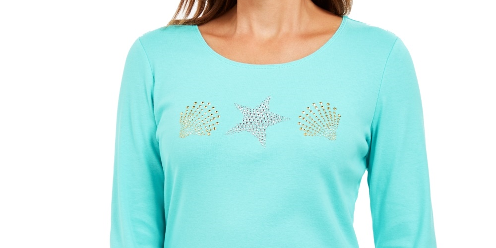 Karen Scott Women's Studded Seashell Top  Blue Size Small
