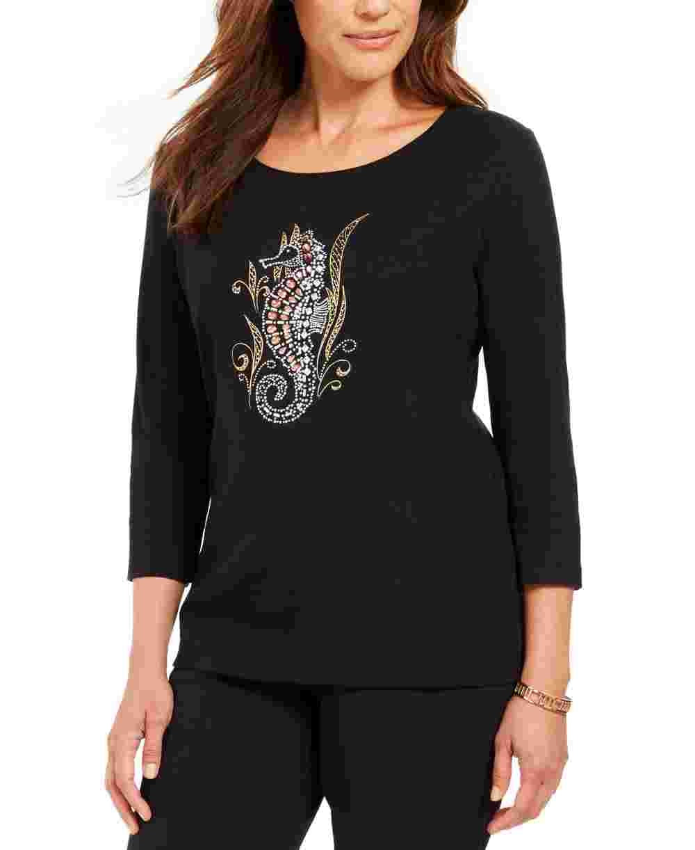 Karen Scott Women's Embellished Seahorse Top  Black Size Medium