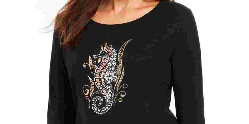 Karen Scott Women's Embellished Seahorse Top  Black Size Medium