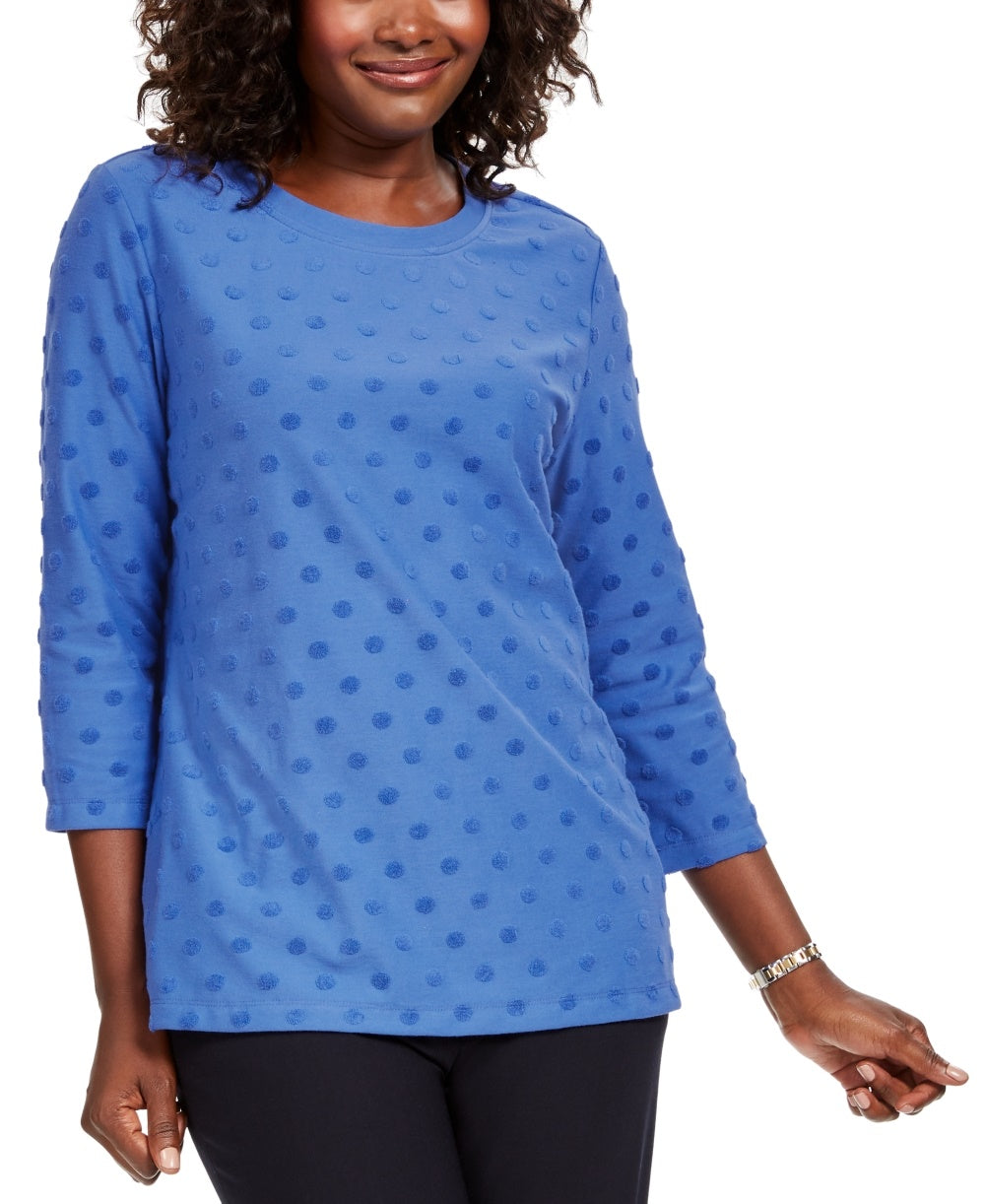 Karen Scott Women's Sport Textured Dot 3/4 Sleeve Top  Blue Size X-Small