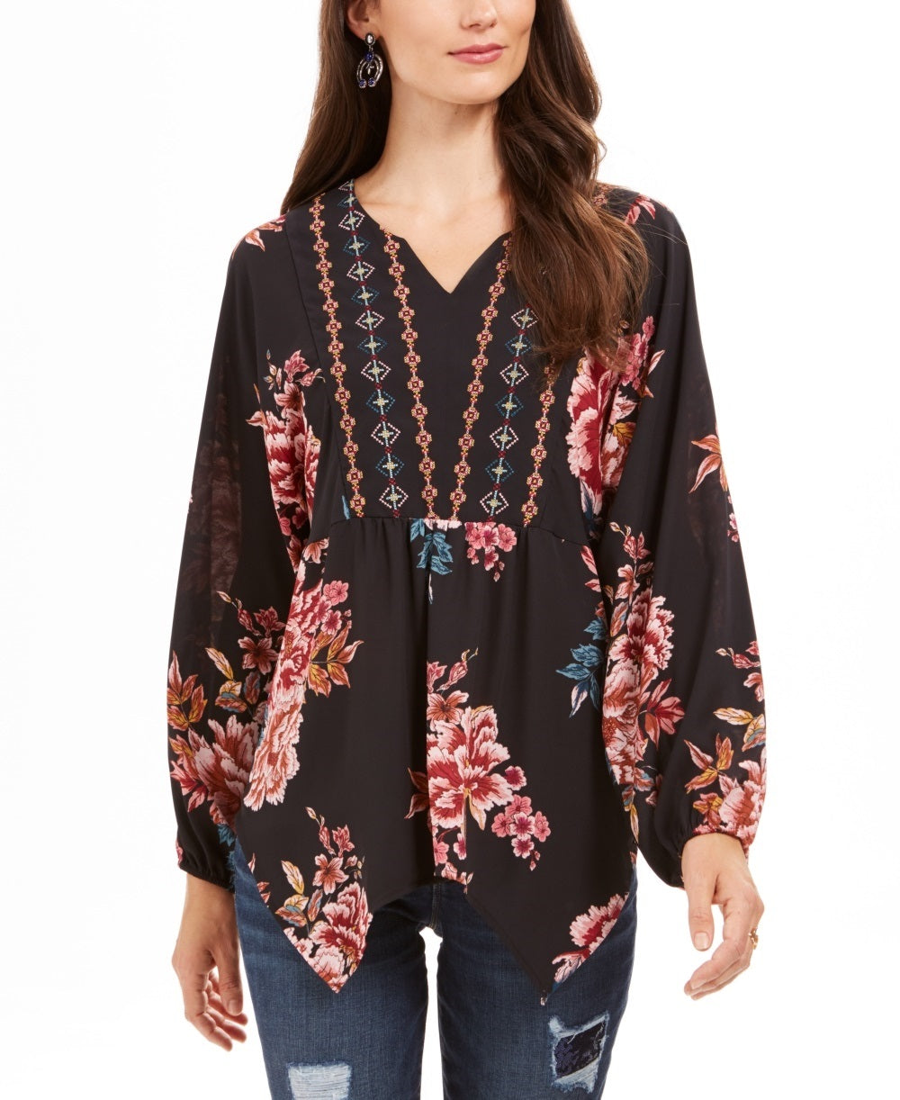Style & Co Women's Printed Handkerchief Hem Peasant Top Black Size XX-Large