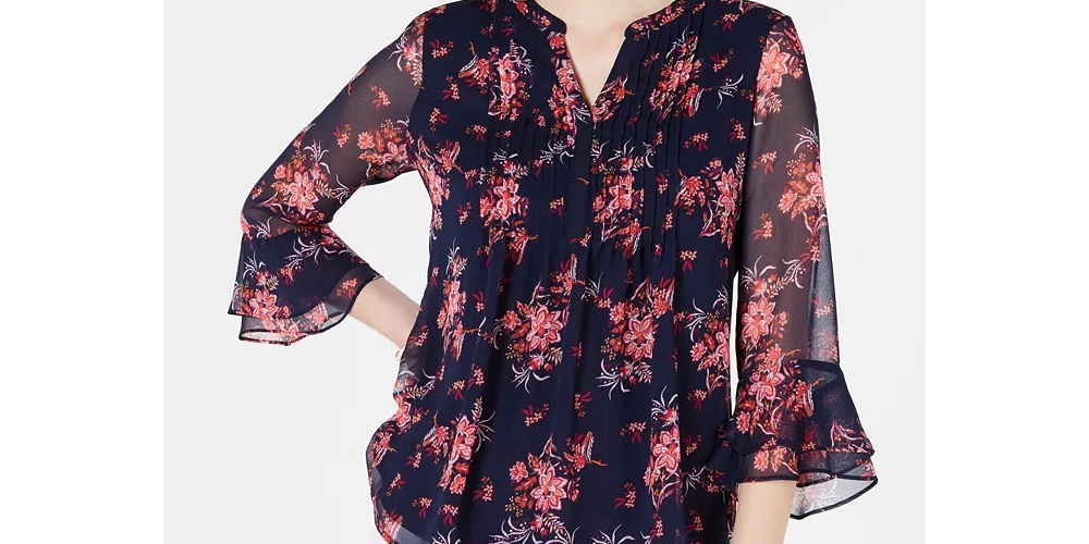 Charter Club Women's Floral Pintuck Top Red Size Small