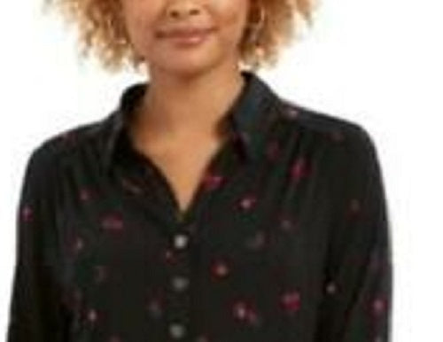 Charter Club Women's 3/4 Sleeve Printed Polo Top Black Size Small