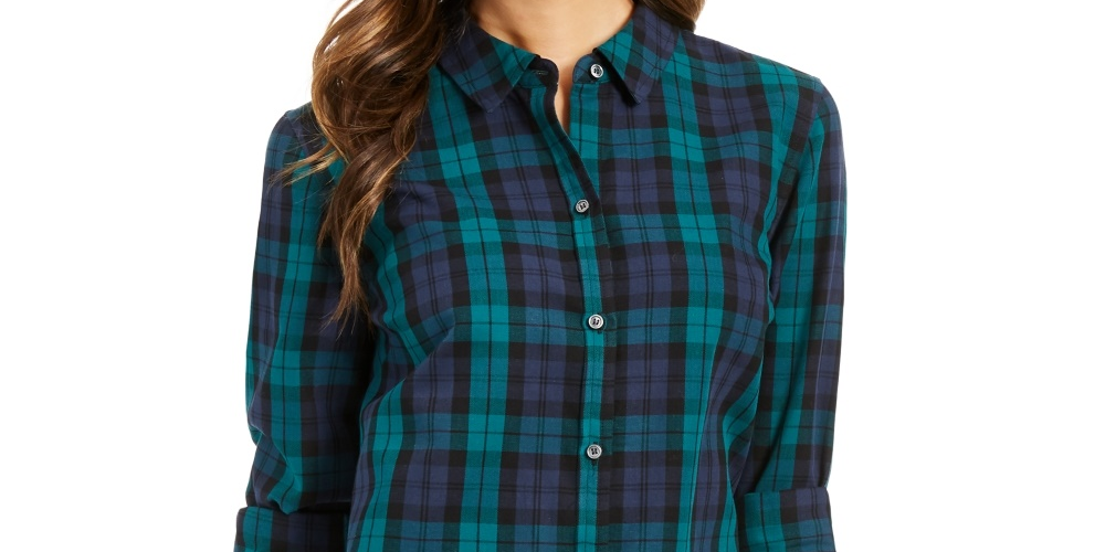 Charter Club Women's Cotton Plaid Shirt Black Size X-Small