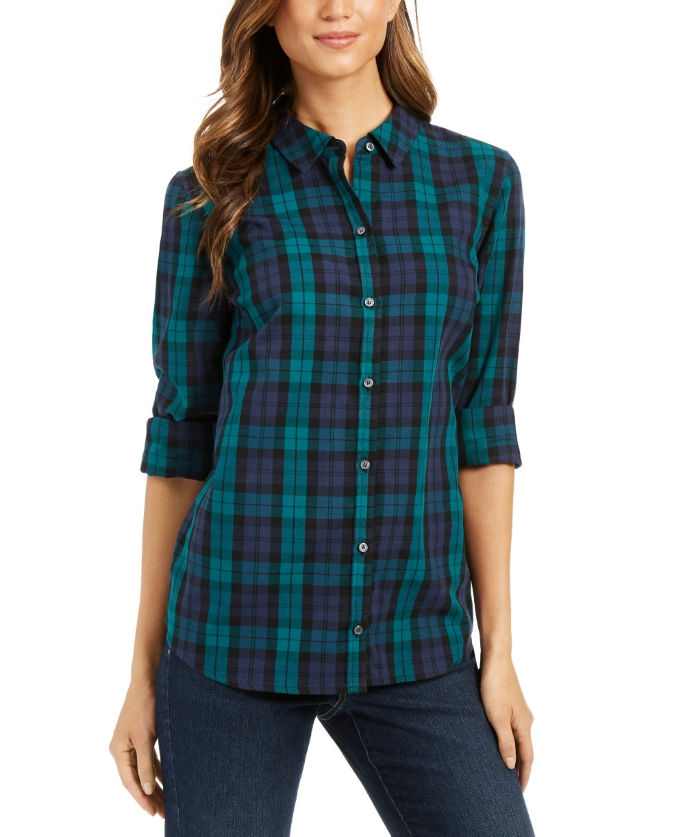Charter Club Women's Cotton Plaid Shirt Black Size XX-Large