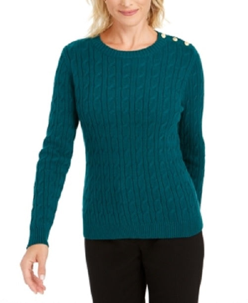 Charter Club Women's Cable-Knit Button-Trim Sweater Green Size Large