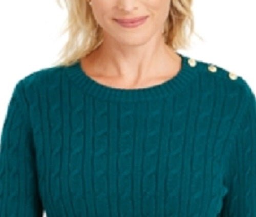 Charter Club Women's Textured Embellished Patterned Long Sleeve Jewel Neck Sweater  Size Dark Green Size Medium
