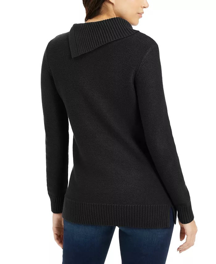 Charter Club Women's Patchwork-Stitch Asymmetrical-Collar Sweater Black Size Medium