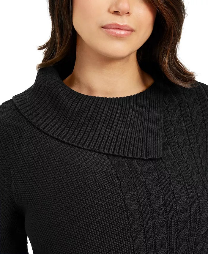 Charter Club Women's Patchwork-Stitch Asymmetrical-Collar Sweater Black Size Medium