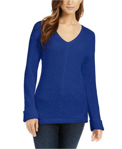 Charter Club Women's Cotton Textured V Neck Sweater Blue Size Large