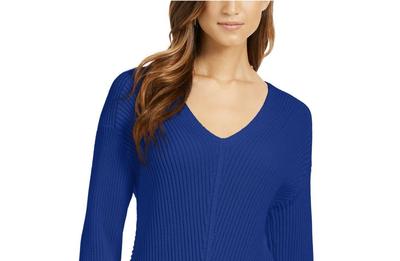 Charter Club Women's Cotton Textured V Neck Sweater Blue Size Large