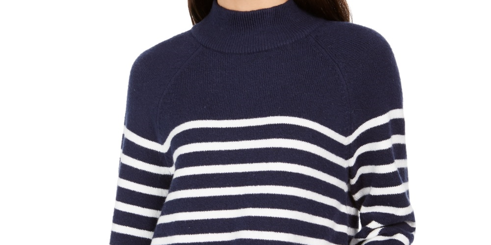 Charter Club Women's Striped Mockneck Sweater  Blue Size Small