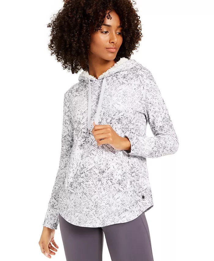 Ideology Women's Snake-Print Rounded-Hem Hoodie White Size X-Small
