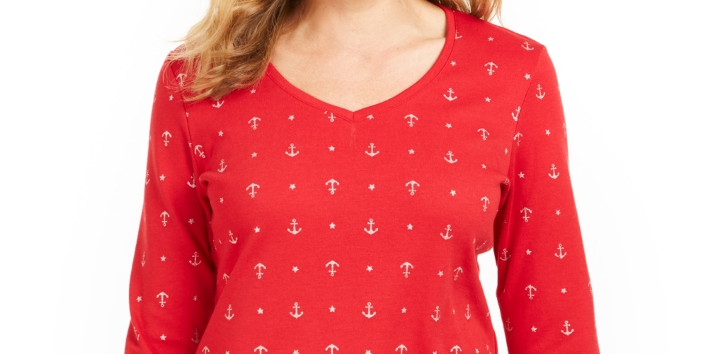 Karen Scott Women's Anchor Print V Neck Top Red Size Small