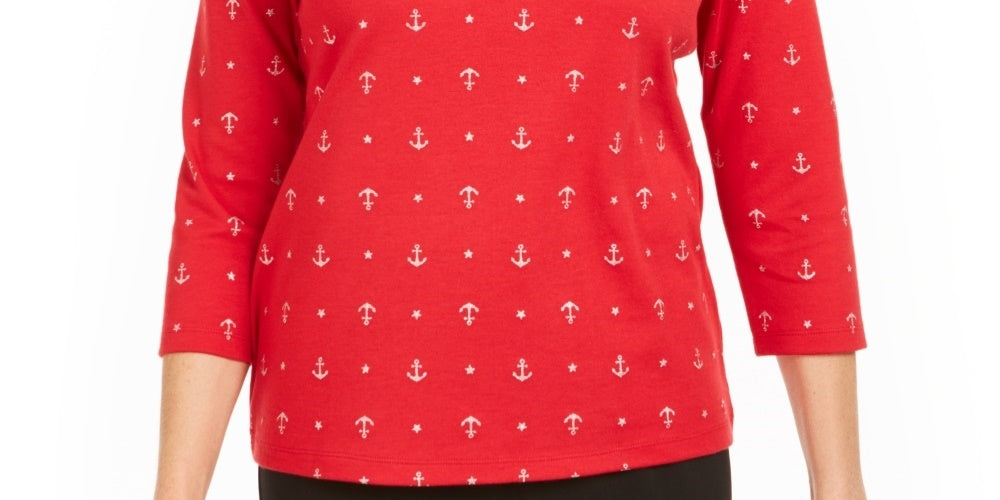 Karen Scott Women's Anchor Print V Neck Top Red Size Small