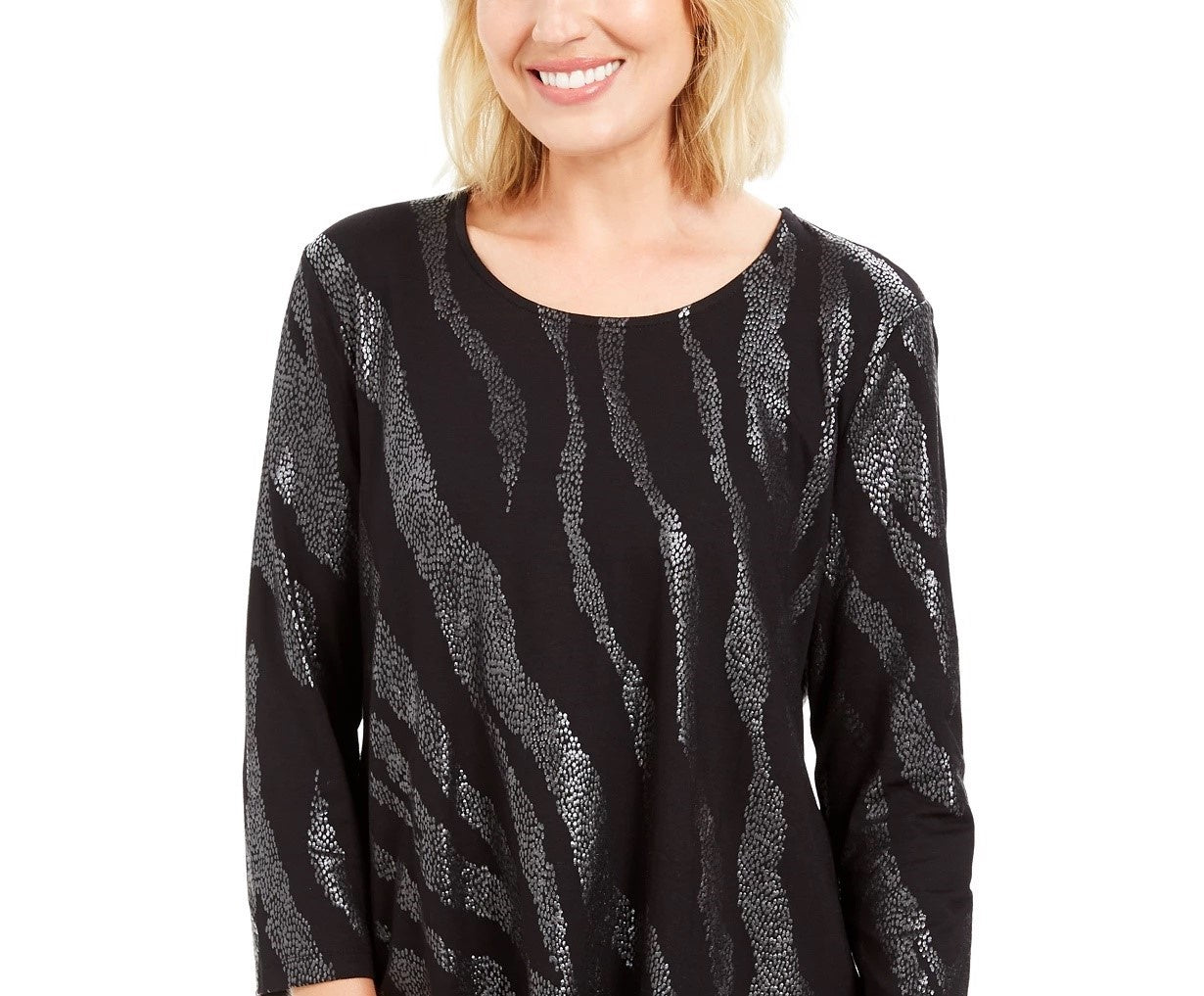JM Women's Collection Printed Scoop-Neck Top Black Size Small