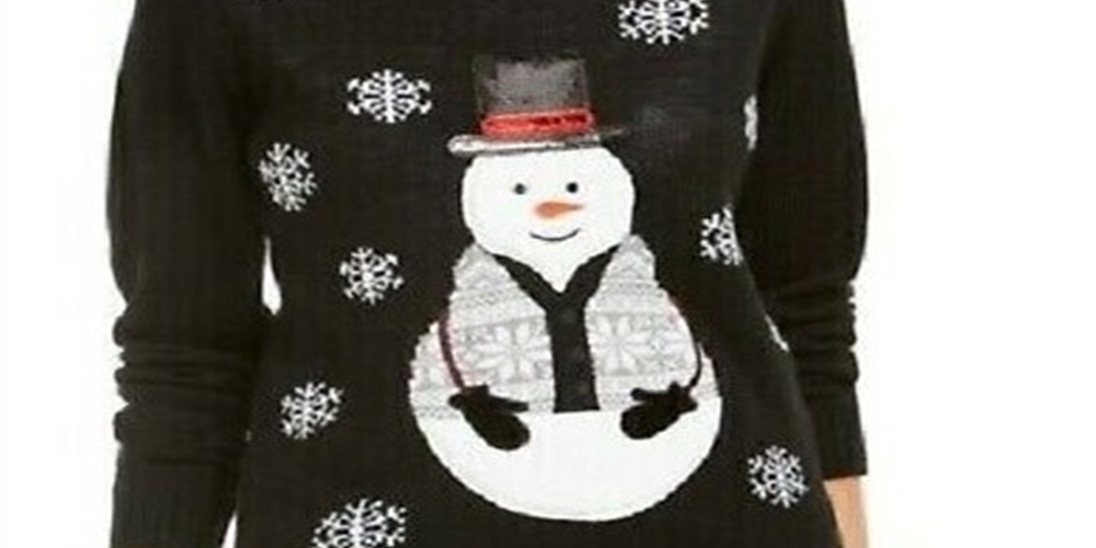 Karen Scott Women's Sequined Snowman Holiday Sweater Black Size Small