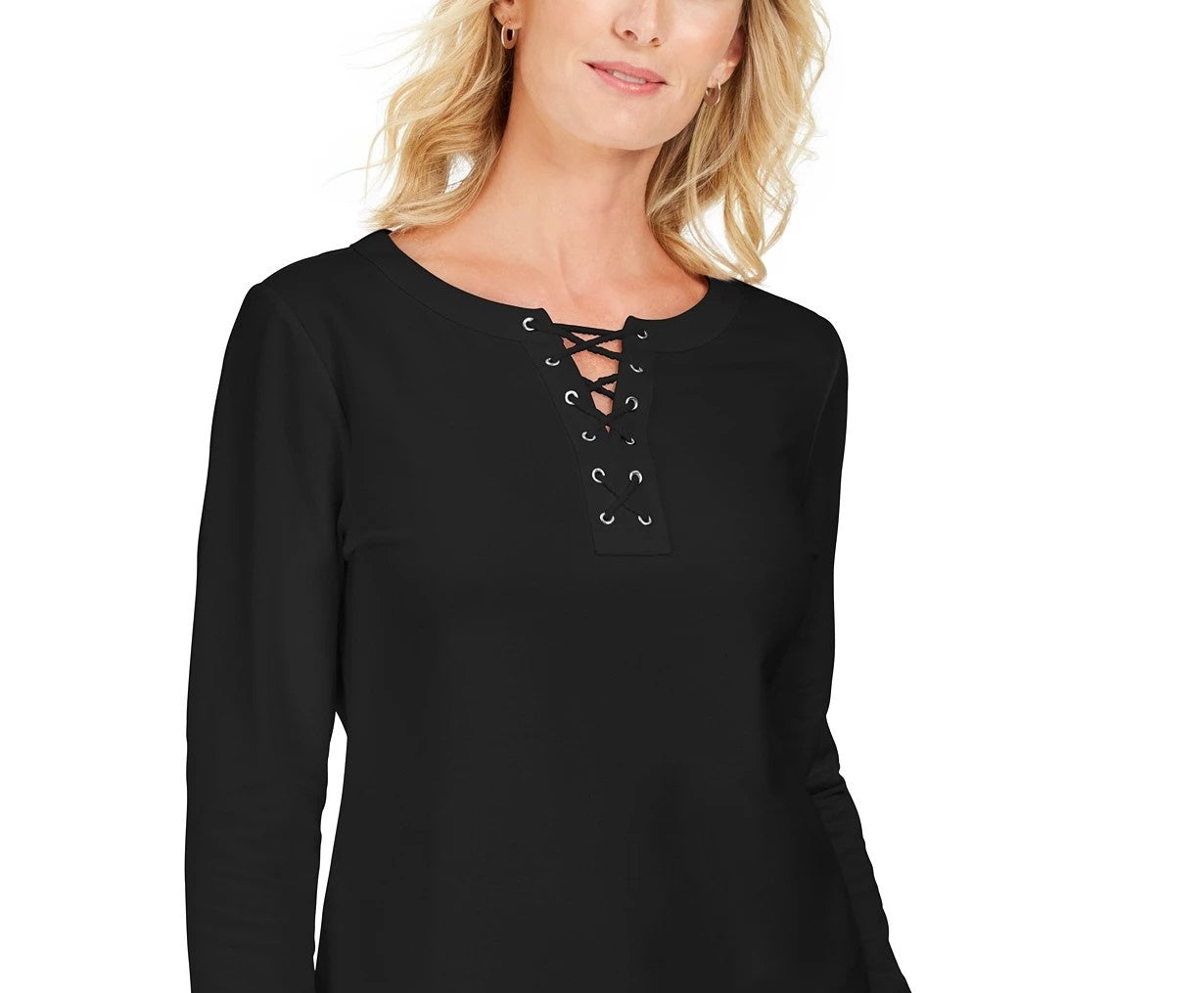 Karen Scott Women's Lace-Up French Terry Sweatshirt Black Size Small