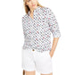 Charter Club Women's Printed Roll Tab Sleeve Linen Blend Top White Size Medium