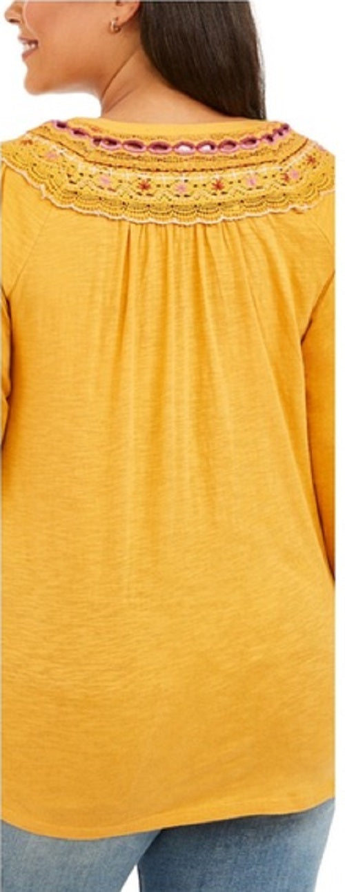 Style & Co Women's Embroidered-Shoulder Top Gold Size Large