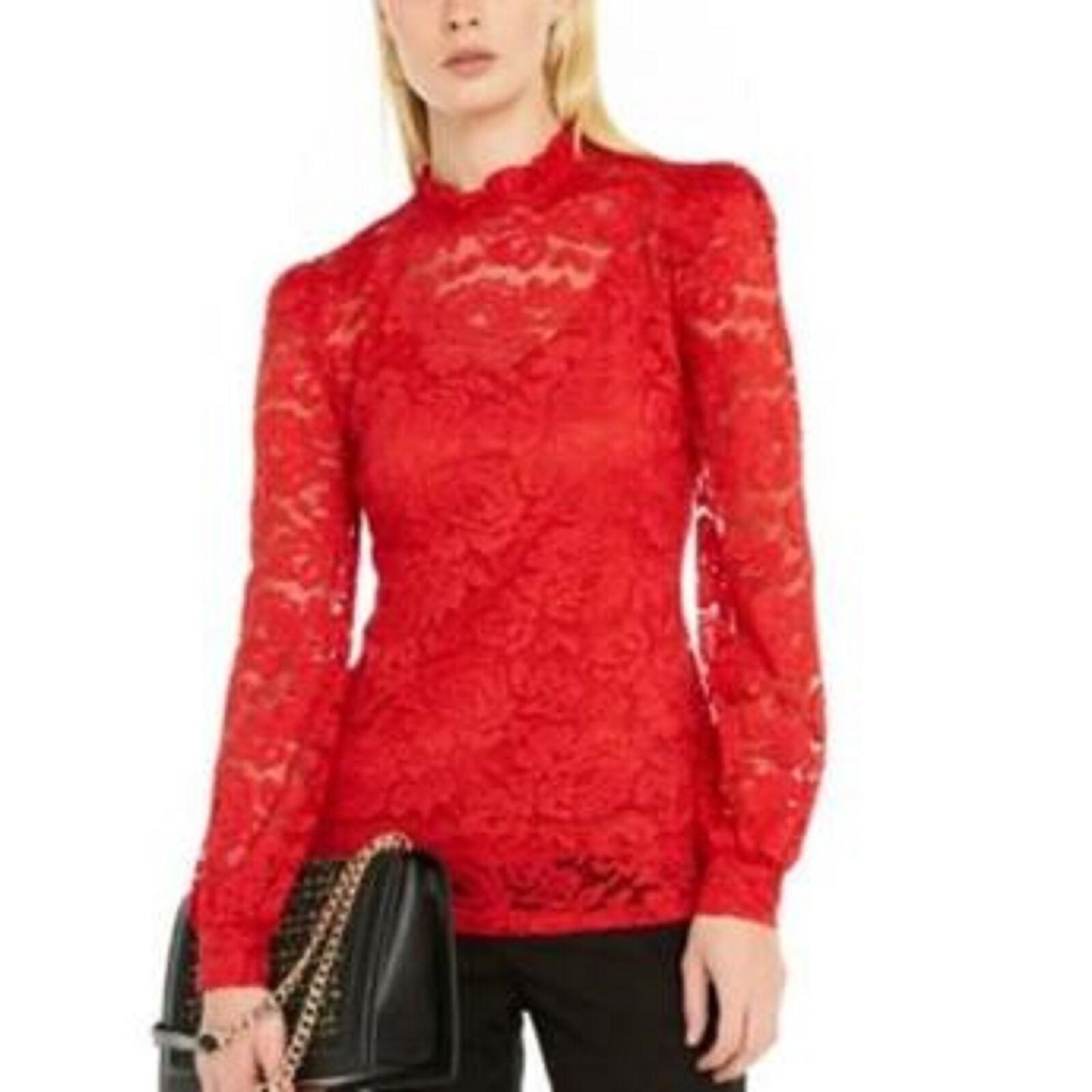 INC International Concepts Women's Lace Blouson Top Dark Red Size Extra Small