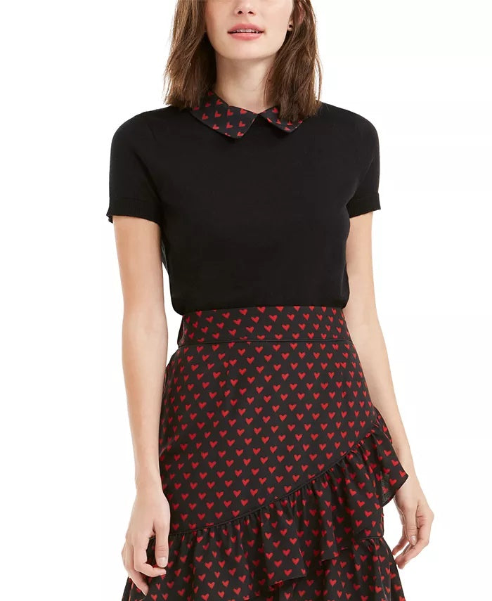 Maison Jules Women's Contrast-Print Collar Top Black Size Small