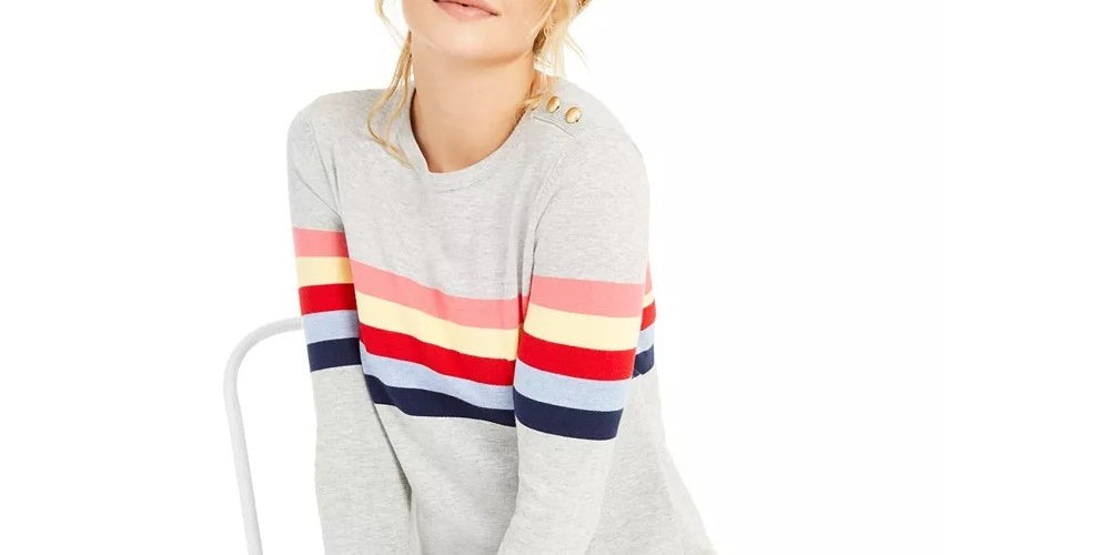Charter Club Women's Shoulder Button Striped Sweater Grey Size Large