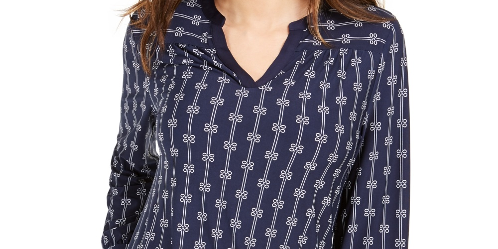 Charter Club Women's Printed Split Neck Top Blue Size XX-Large