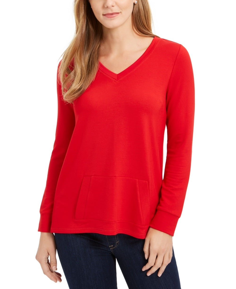 Charter Club Women's French Terry V Neck Tunic Red Size Medium