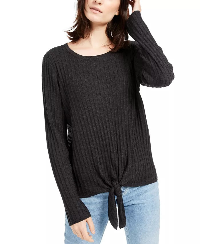 INC International Concepts Women's Ribbed Knotted Sweater Grey Size Large