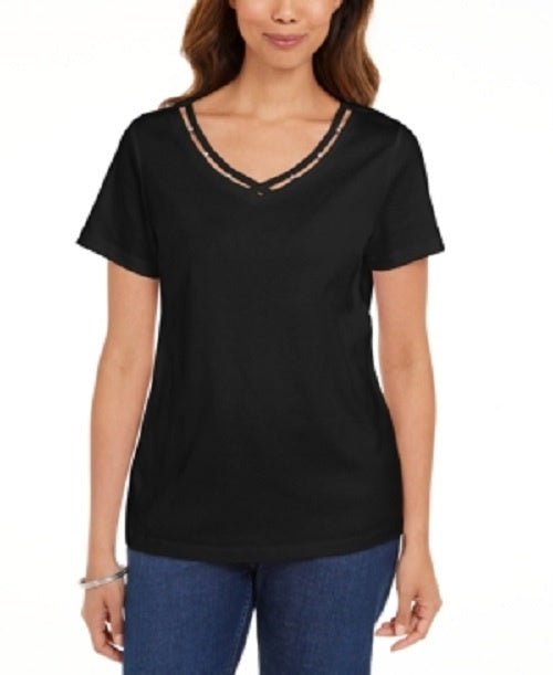 Karen Scott Women's Cotton Open-Trim V-Neck T-Shirt Black Size Medium