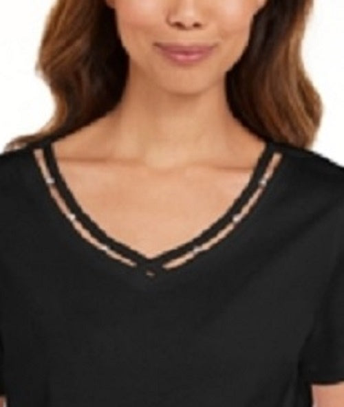 Karen Scott Women's Cotton Open-Trim V-Neck T-Shirt Black Size Medium
