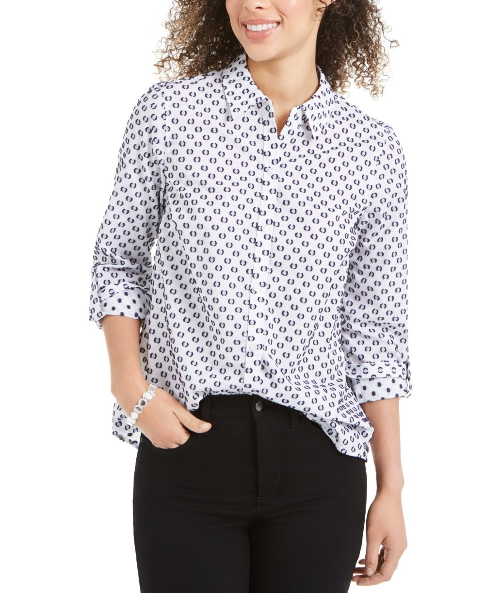 Charter Club Women's Linen Printed Textured Shirt  Blue Size Medium