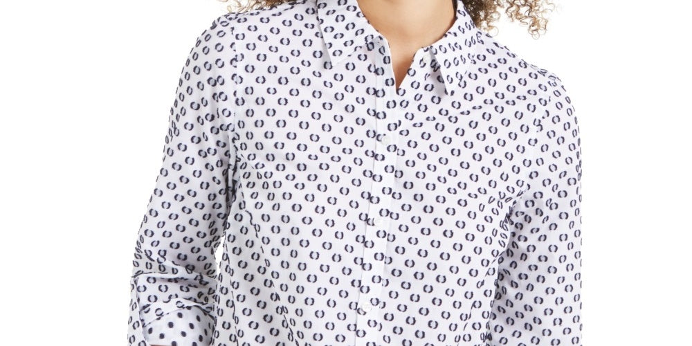 Charter Club Women's Linen Printed Textured Shirt  Blue Size Medium