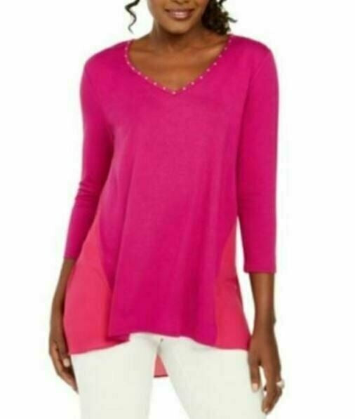 JM Collection Women's Mixed Media Studded Neck 3/4 Sleeve Top Pink Size Small