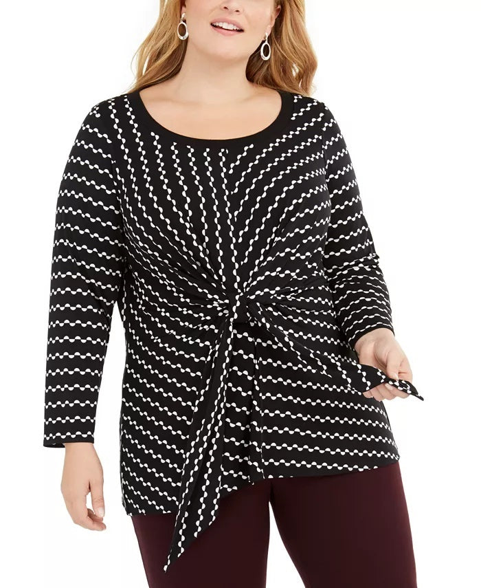 Alfani Women's Plus Size Printed Tie-Waist Top Black Size 1X