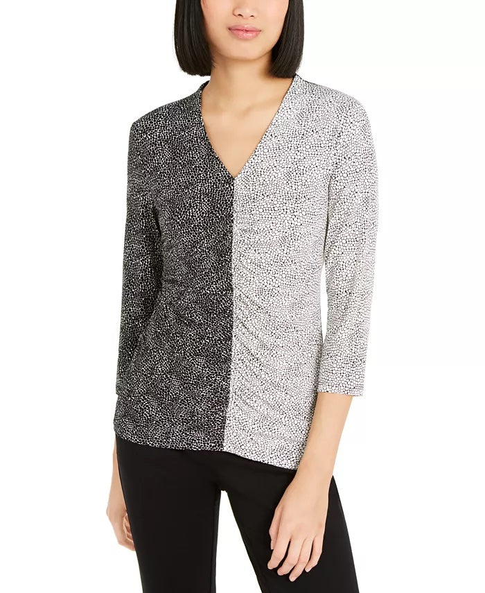 Alfani Women's Mixed-Print Ruched-Front Top Black Size Petite Medium