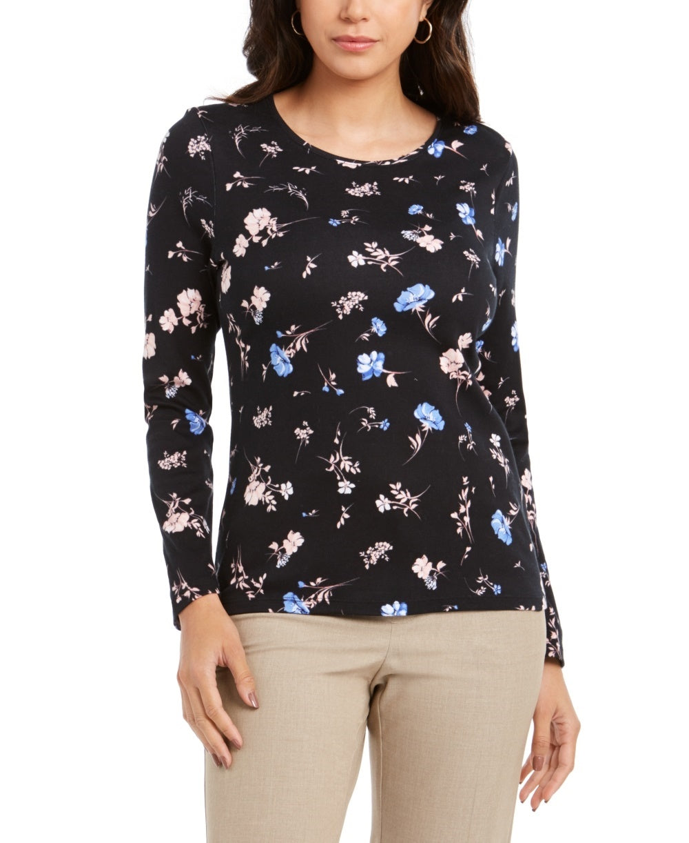 Charter Club Women's Pima Cotton Ditsy Print Top  Black Size Large
