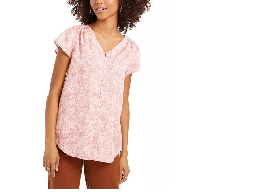 Style & Co Women's Floral Print Button Down Top Pink Size Small