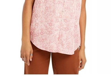 Style & Co Women's Floral Print Button Down Top Pink Size Small